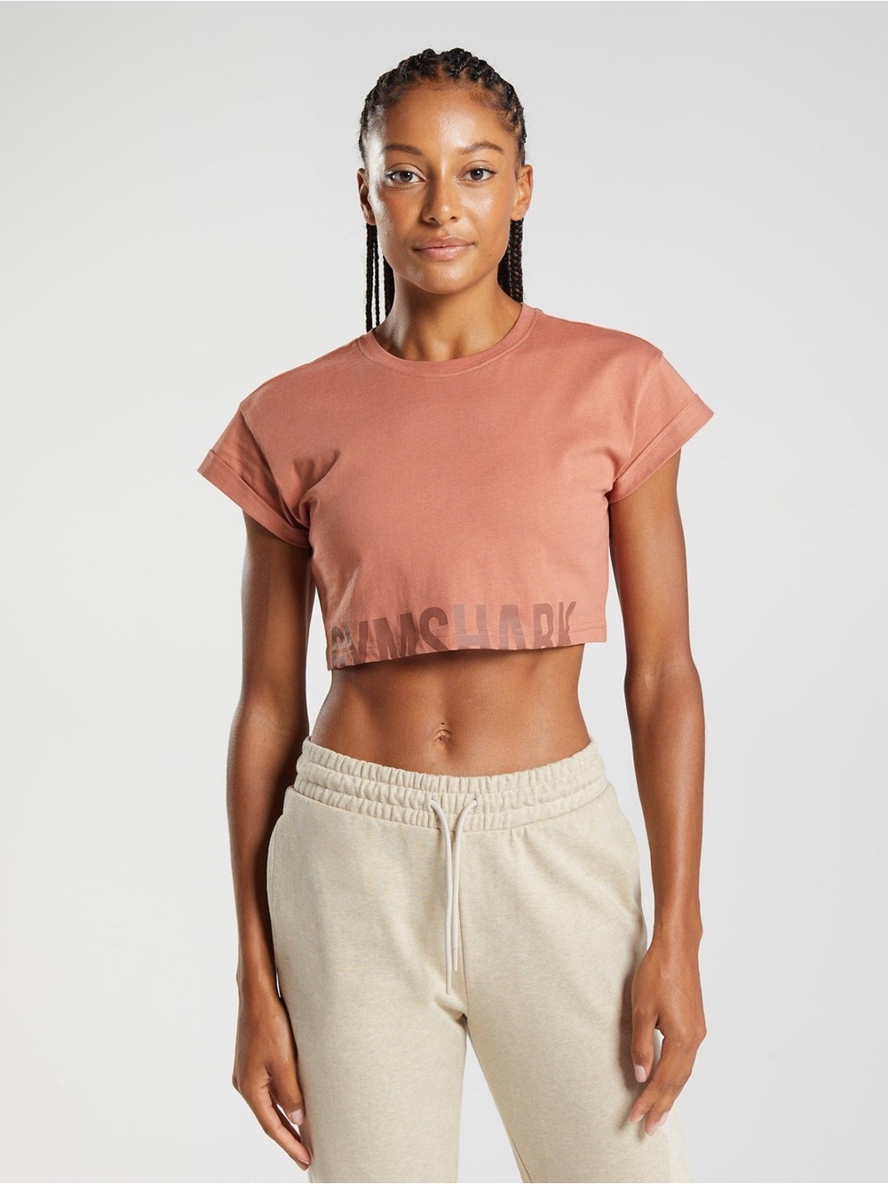 Gymshark Fraction Crop Top XS Toffee Brown Cropped Cotton Tee Drop Shoulder